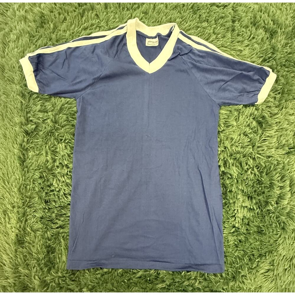 Vintage Stedman Men's M 38-40 Blue White Raglan V-Neck T-Shirt Made in USA